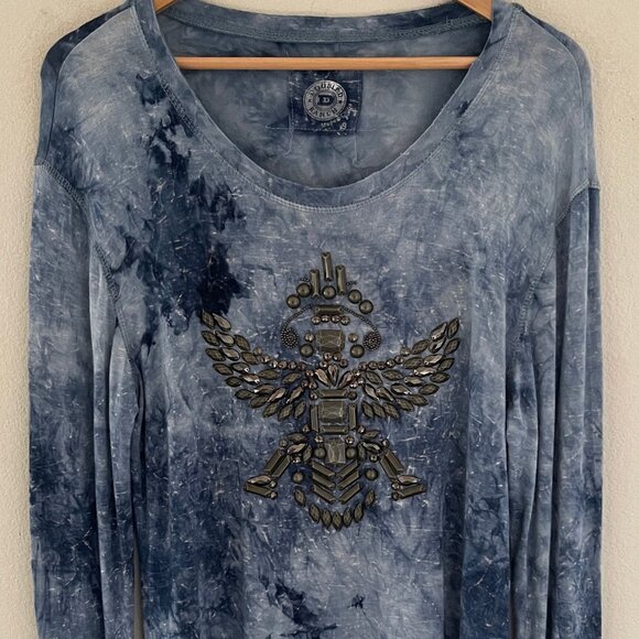 DOUBLE D RANCH Asymmetrical Tie Dye Blue Studded/Beaded Tunic/Dress: Small; NWOT - Picture 1 of 9